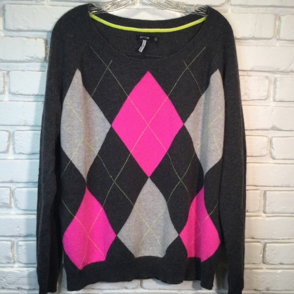 Apt 9 100% Cashmere Sweater Argyle V Neck Long Pink and Gray XL